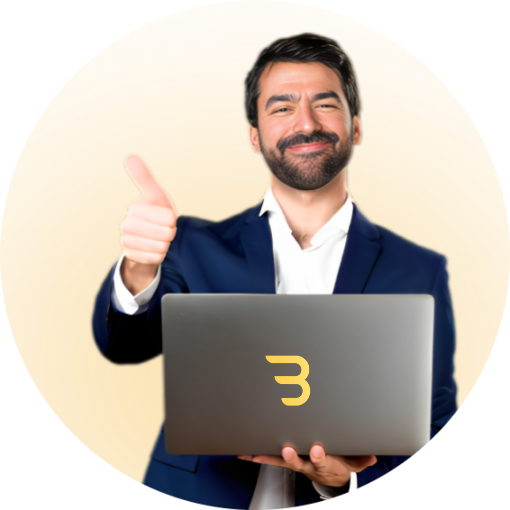 man with laptop and logo